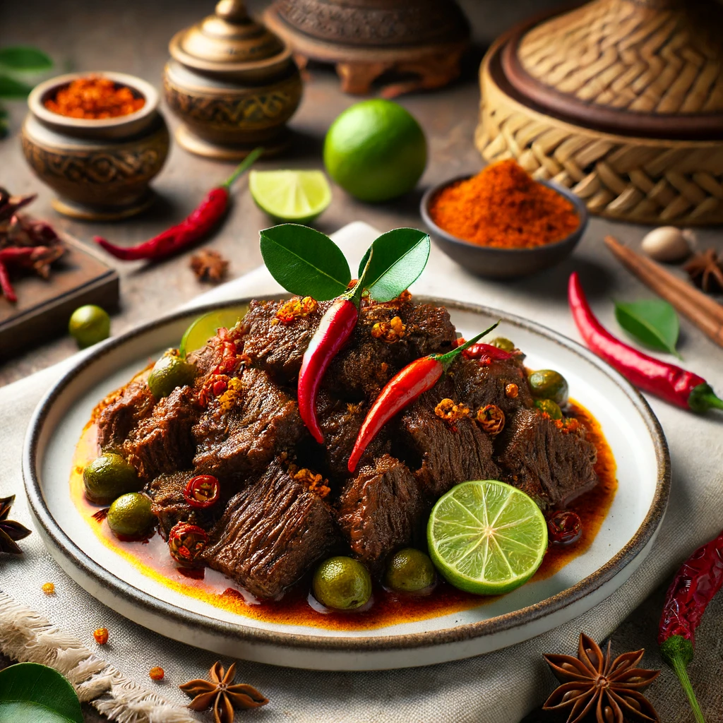 Potongan rendang sapi autentik disajikan di atas piring putih dengan hiasan daun jeruk dan cabai merah, memperlihatkan kelezatan khas Nusantara.